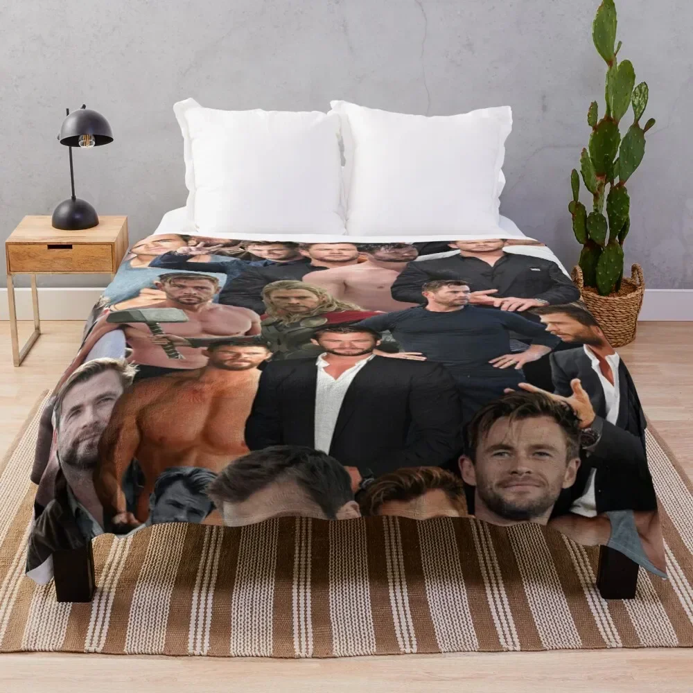 

chris hemsworth collage Throw Blanket Microfiber Fabric Double-Sided Blanket Sofa Blanket With Tassels