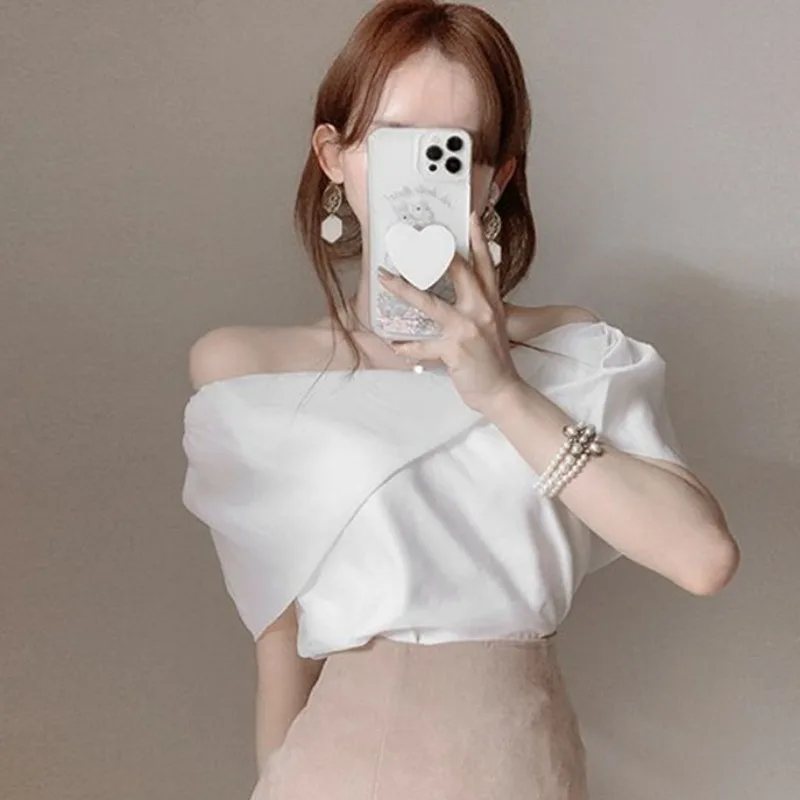 Slash Sexy Off Shoulder Crop Top Blusas Mujer De Moda Slim Short Sleeved Chiffon Shirt Summer White Blouse Shirts for Women