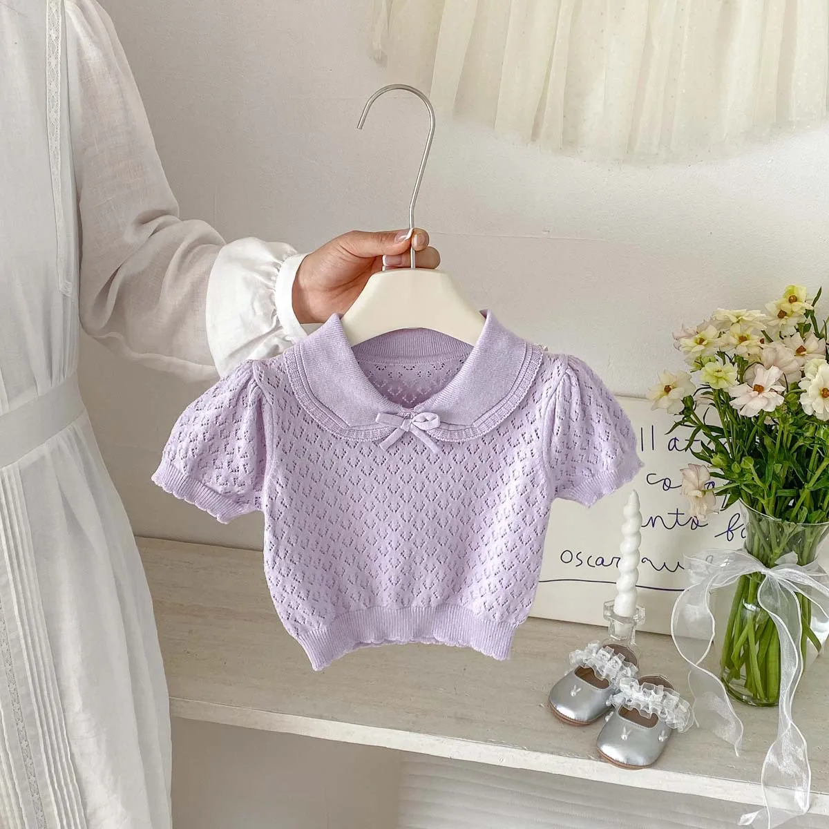 Korean-style Baby and Toddler Forest Sweet Princess Summer New Lace Knitted Short-sleeved Top with A Peter-pan Collar
