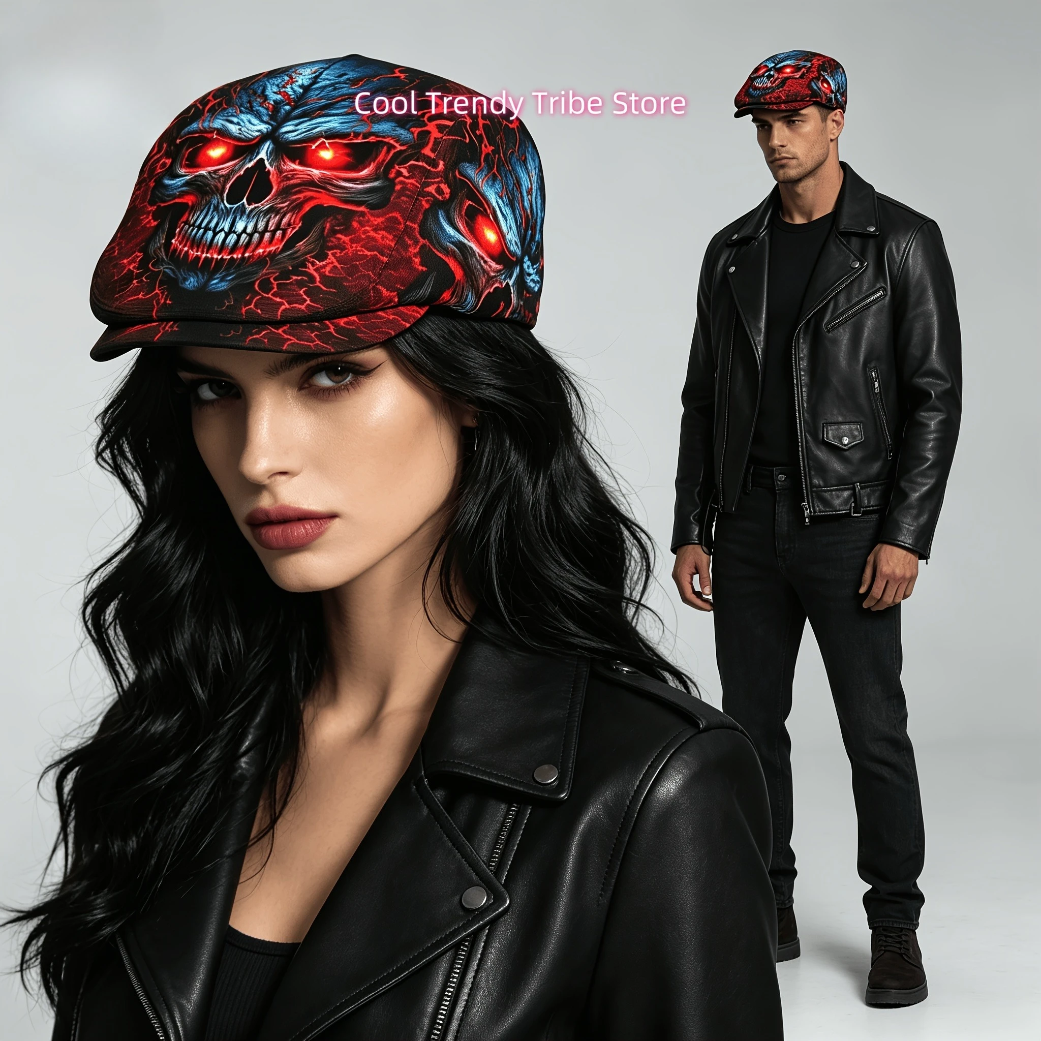 1pc Men's & Women's Red-Eyed Skull with Lava Cracks All-Over Print Hat - Gothic Lava Flow, Full-Body Full-Print Flat-Top Newsboy