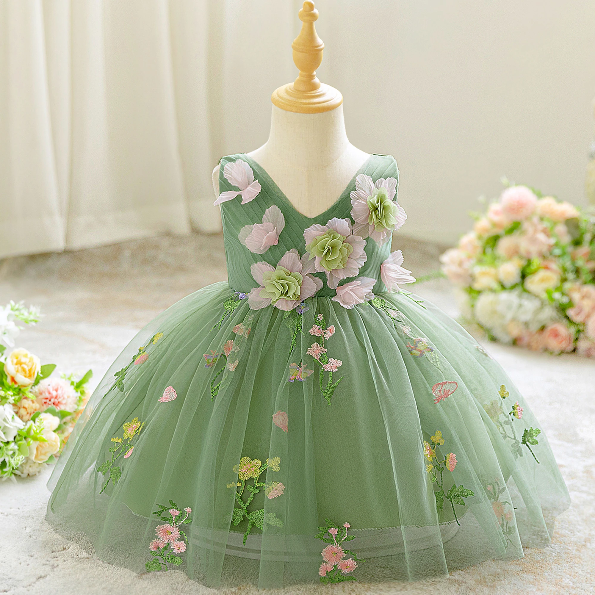 

Toddler Bridesmaid Flower Party Baby Girls Dress Toddler Lace 1st Birthday Princess Dress Girl Wedding Baptism Evening Prom Gown