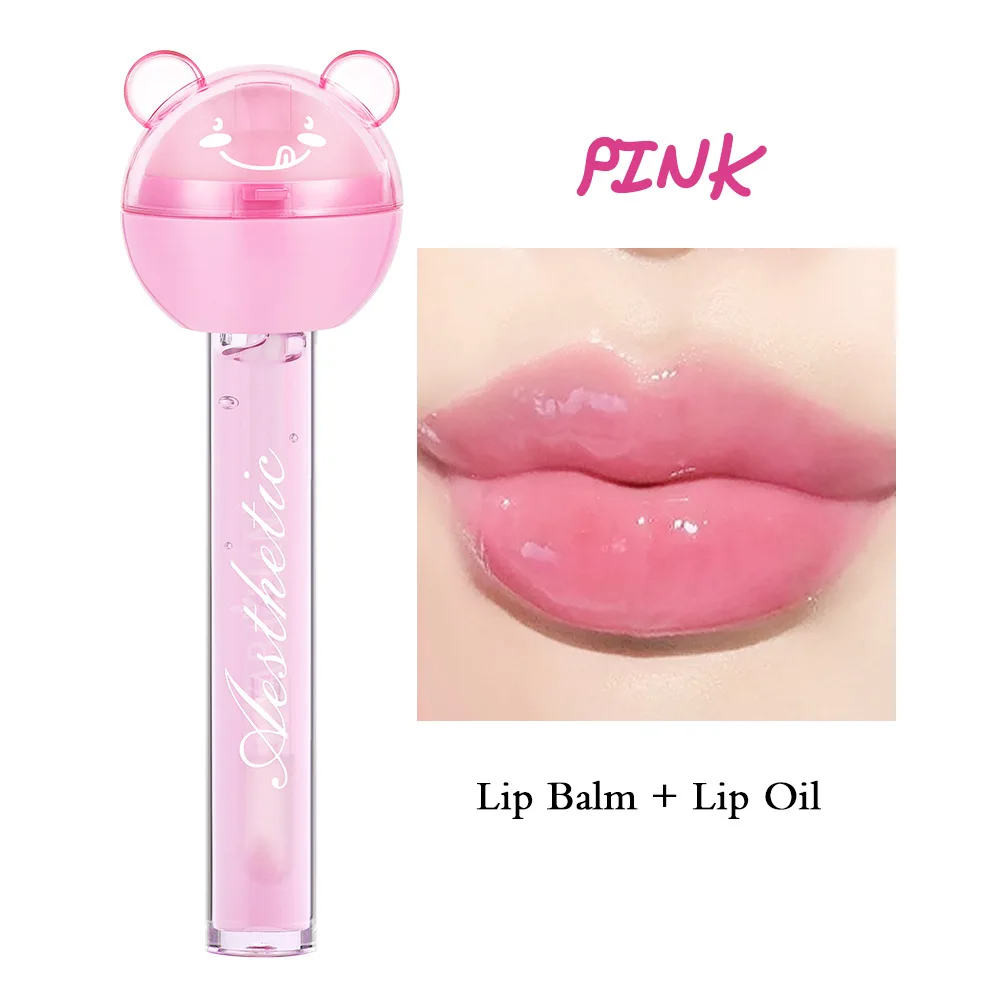 24Pcs 2 IN 1 Lip Balm Lip Oil Set Lollipop Fruit Flavored Transparent Natural Moisturizing Lip Gloss Girls Lips Care Bulk