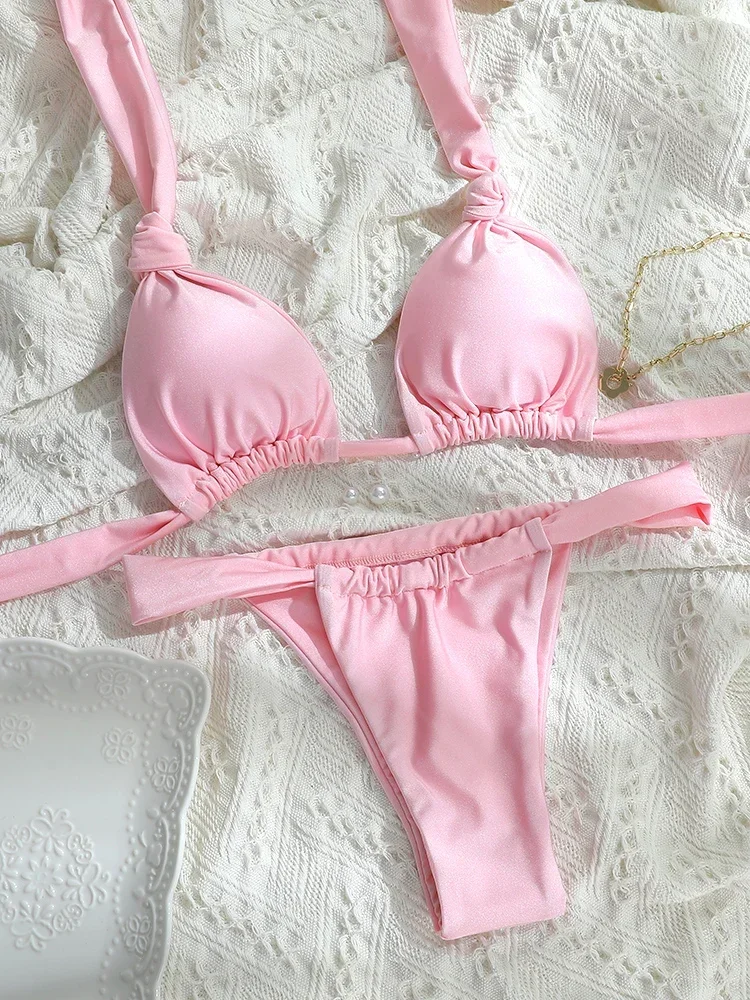 プリーツビキニプッシュアップ水着セクシーな水着女性包帯ビーチウェア無地水着 2024 ビキニ夏の水着