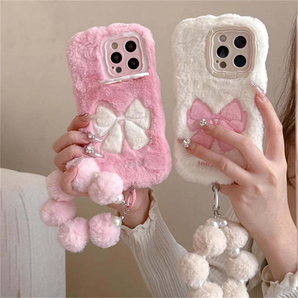 Plush Embroidered Cartoon Bow 3D With Strap Phone Case Plus Hole Lens Holder Protection Cover For Huawei P60 Pura 70 Mate 60 Pro