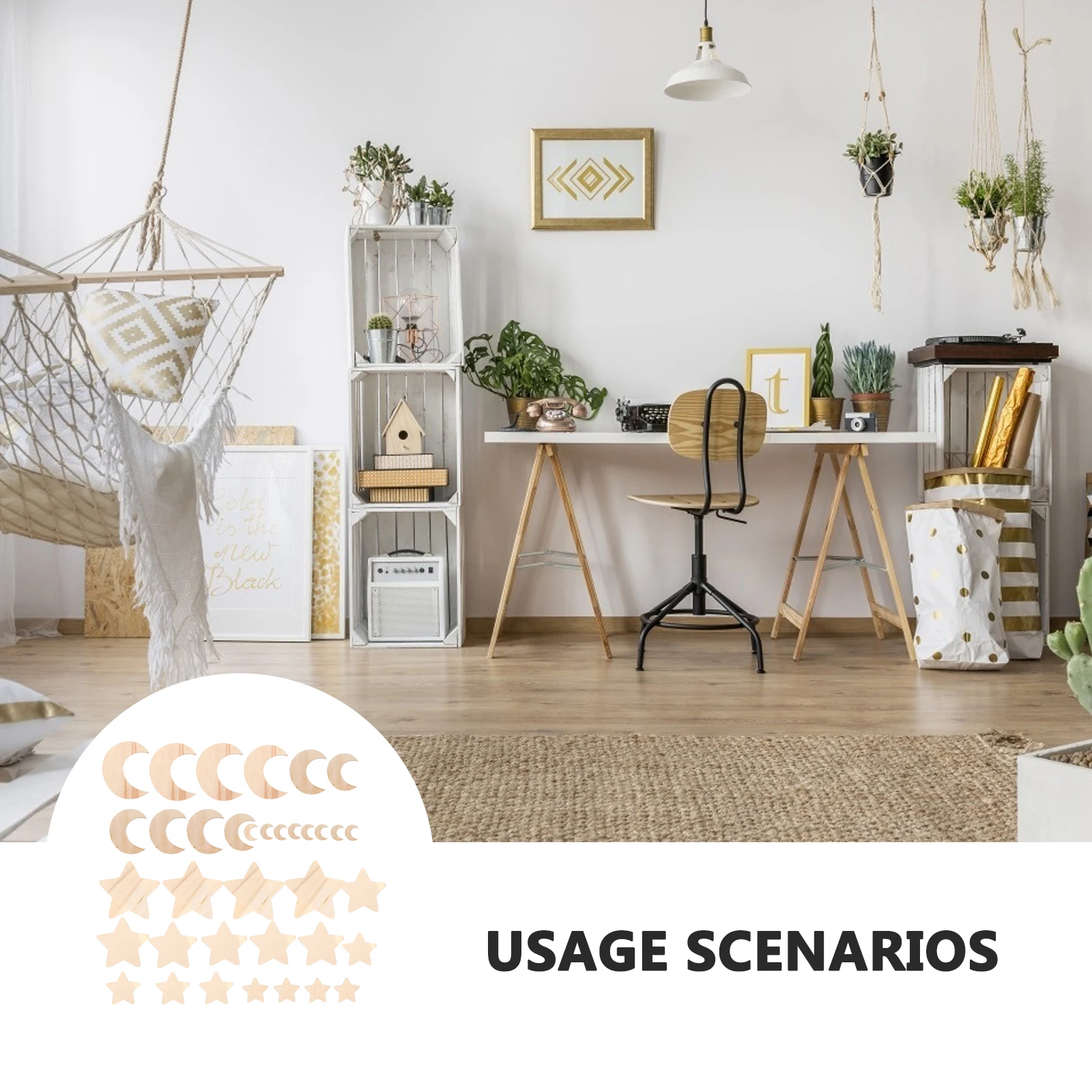 

36 Pcs Wooden Cutout Slice Unfinished Crafts Home Decor Party Sewing Accessories Stars Moon Shape Decoration for Painting