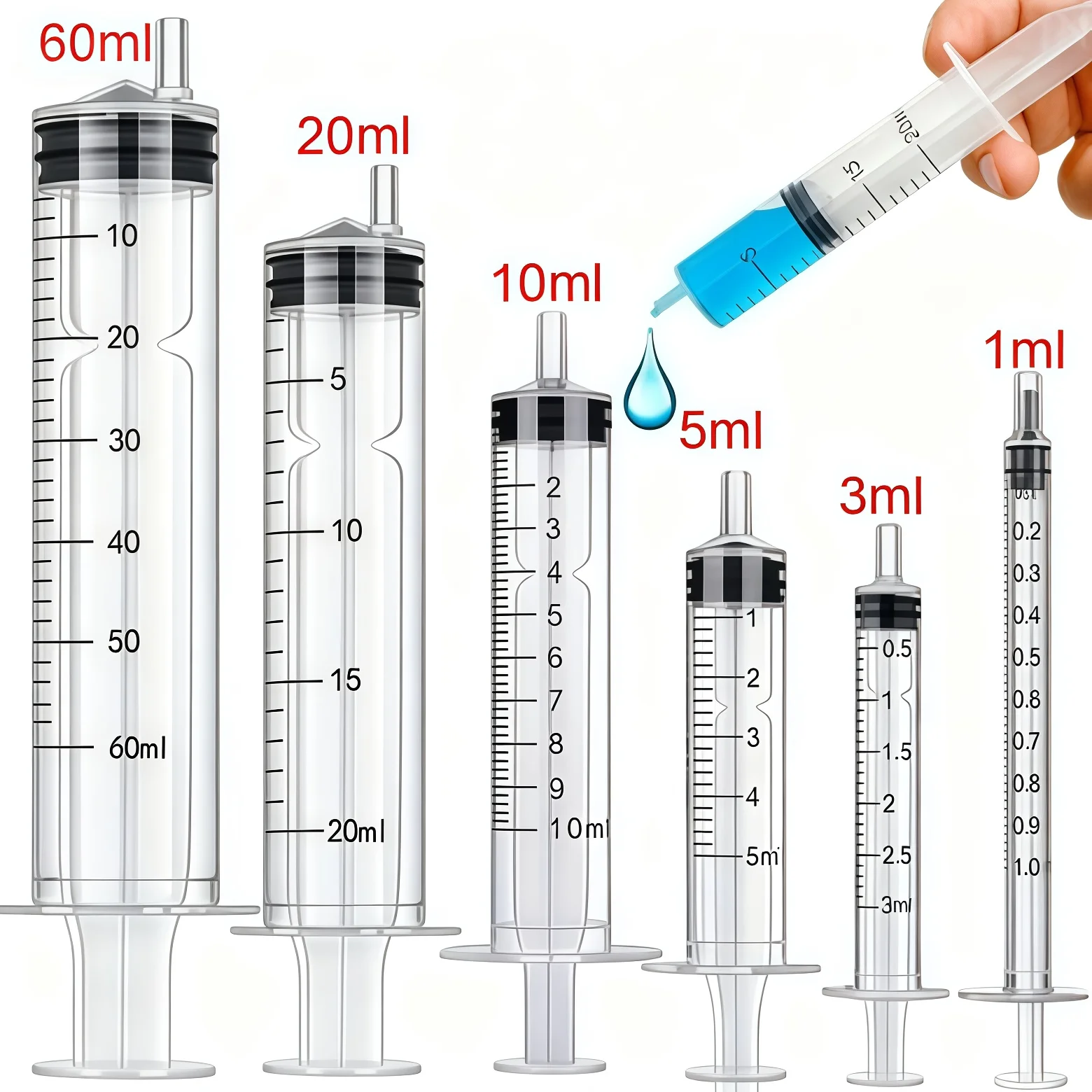 Image of 5 Stück/7 Stück 1ML/3ML/10ML/20ML/30ML/60ML Spritzen mit klarer Skala zum Klebstoffdosieren, Flüssigkeitsmessung, Tierfütterung, Tintennachfüllung
