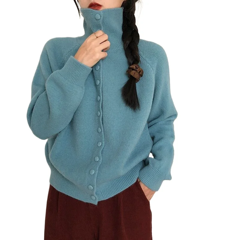 

Водолазка, вязаный кардиган, женский осенне-зимний новый ретро-корейский ленивый стиль, высококачественный свободный свитер, куртка, уменьшение возраста