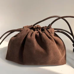 Retro Suede Cowhide Square Bag For Women New Fashion Matte Drawstring Cloud Bag Fashion Single Shoulder Crossbody Bag