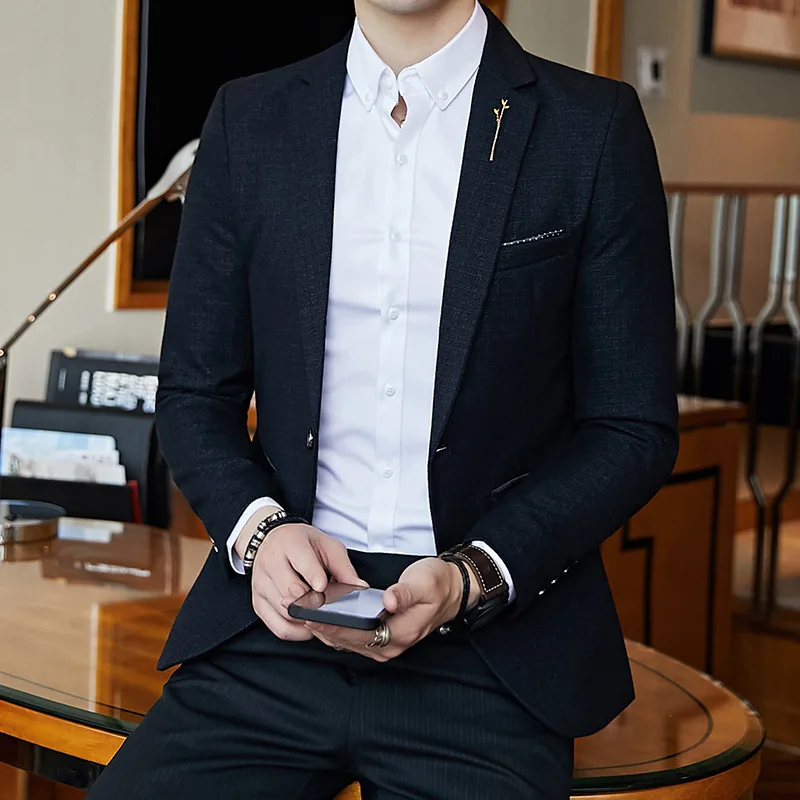 

KIDWHXR Blazer Men Spring Autumn Simple Solid Color Single-breasted Male Jacket Long Sleeve Slim Business Casual Man Suit Coat