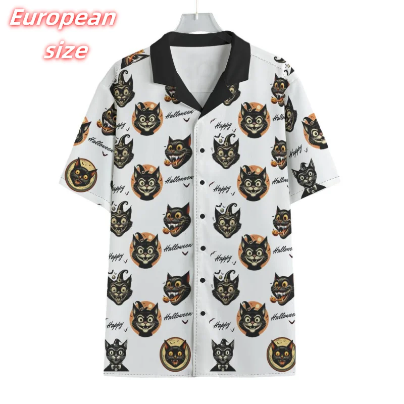 

Cat Pumpkin Bat Pattern Hawaiian Shirt For Men Ghost Halloween 3D Printed Blouse Summer Short Sleeve Lapel Tops Aloha Shirts