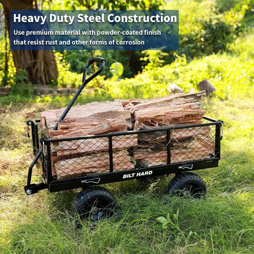 عربة حديقة شديدة التحمل بسعة 400 رطل مع 180 °   مقبض دوار، إطارات مسطحة خالية، وجوانب قابلة للإزالة للمرافق والتخزين