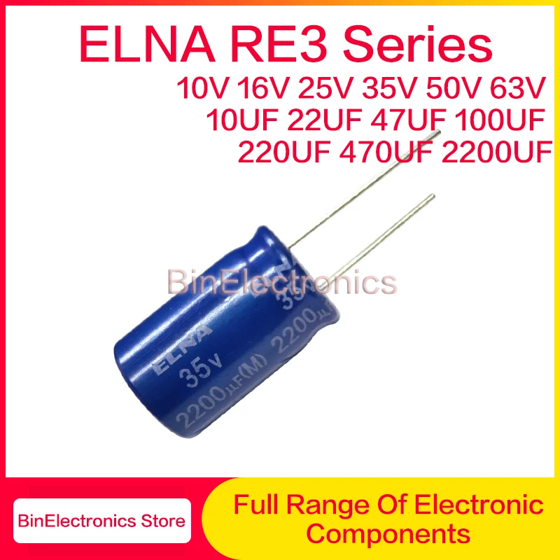 

10 шт./лот, серия ELNA RE3, 10В 16В 25В 35В 50В 63В, 10мкФ 22мкФ 47мкФ 100мкФ 220мкФ 470мкФ 2200мкФ, синие аудиоэлектролитические конденсаторы