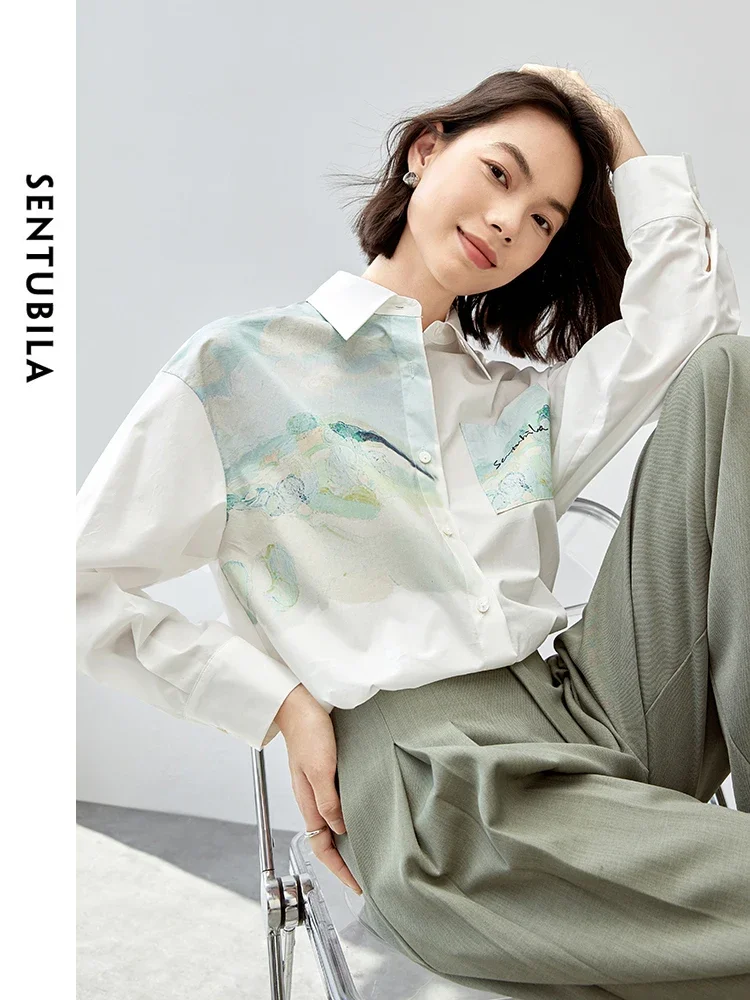 SENTUBILA Women Casual Lyocell Shirt 2024 Autumn Art Printing Turn Down Collar Loose Simple Blouse Tops 143C56911