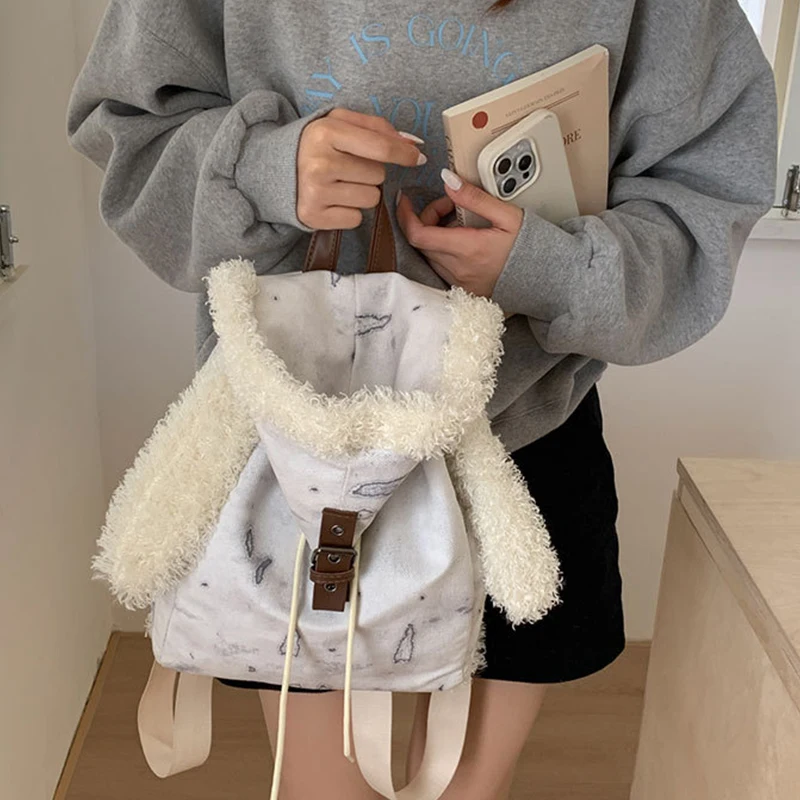 

Cute Rabbit Ear Backpack For Women Vintage Plush Handheld Single Shoulder Bag Winter Drawstring Magnetic Buckle Design Backpack
