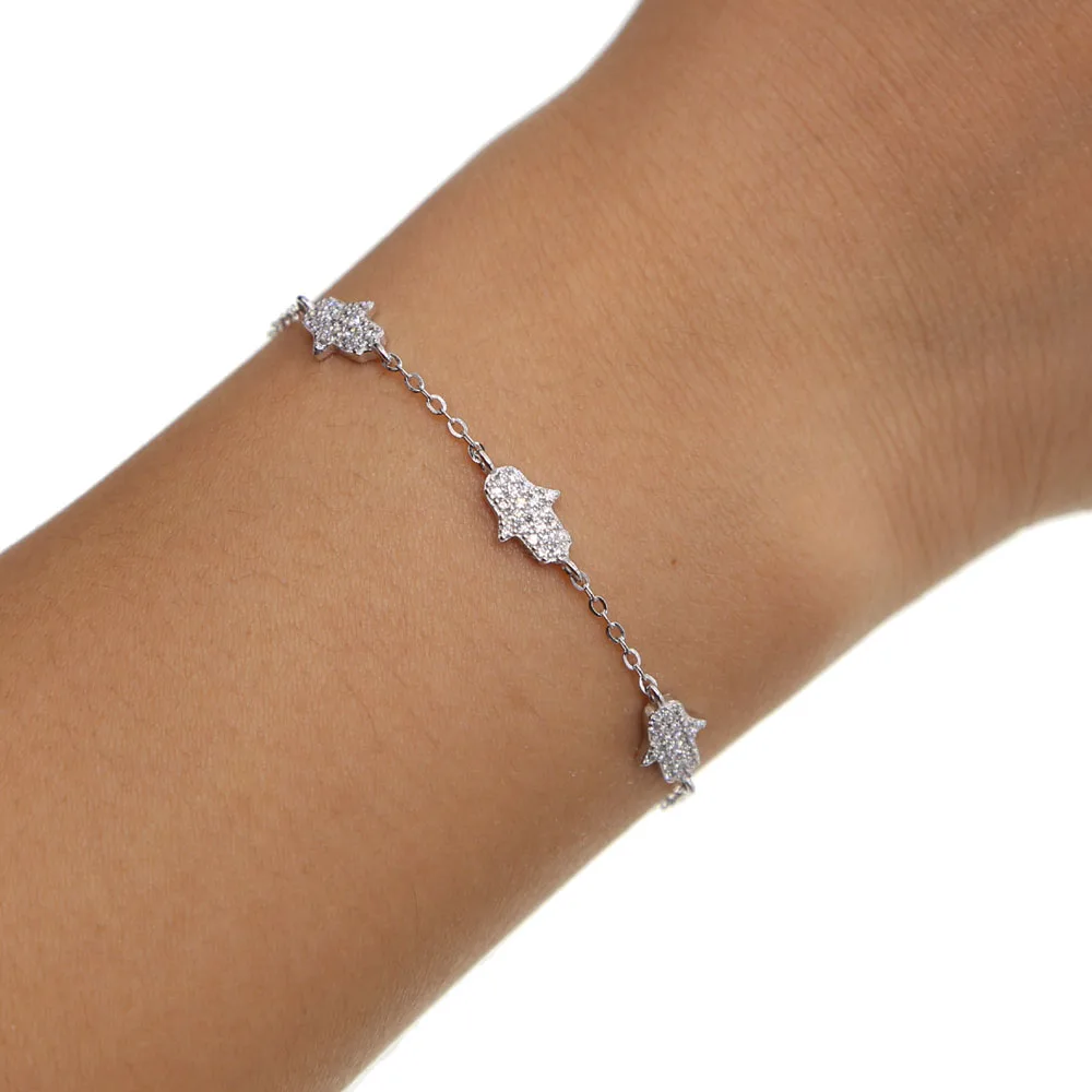 100% 925 Sterling Silver Fatima Hand Hamsa paved AAA cubic zirconia tiny delicate adjustable Bracelets for Women Simple Jewelry