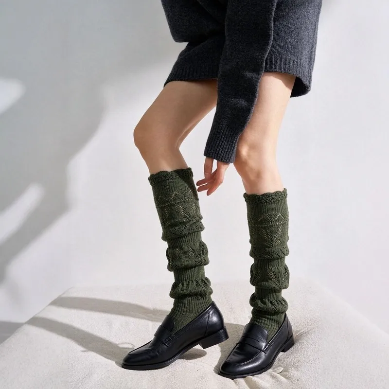 30% Wool Hollow Lace Slouch Socks for Women, Fall Winter Vintage Forest Ruffle Long Socks, Slim Fit Bubble Socks
