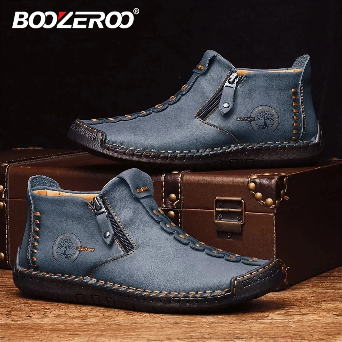 BOOZEROO Fashion Men's Leather Shoes Handmade Soft Breathable Driving Flats Casual Zipper Boots