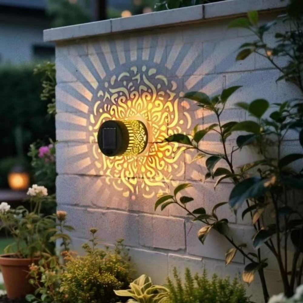 تعمل بالطاقة الشمسية الجدار مصباح أضواء سياج معدني في الهواء الطلق مقاوم للماء جدار سطح السفينة خطوة أضواء ماندالا موضوع فناء مصباح بعمود ديكور #1