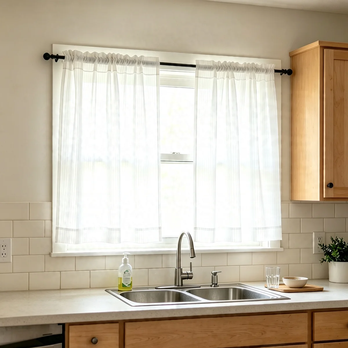 2pcs White Faux‑Shutter Vertical Striped Sheer Curtain, Grommet Top Light Filtering Window Sheer Curtain for Living Room Bedroom
