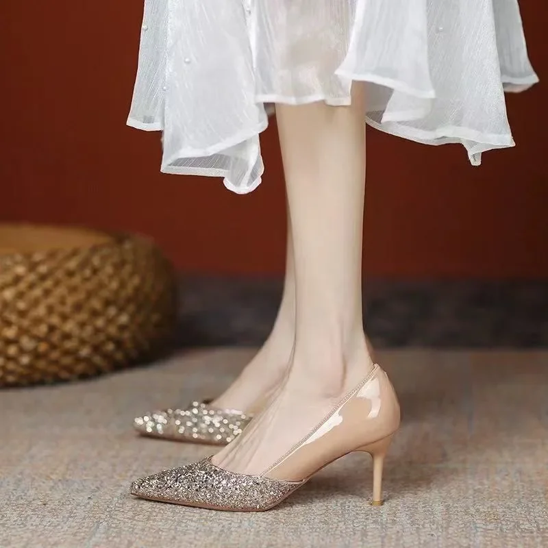 

Shoes Female 2025 Slip on Women's High Heel Fashion Dress Pumps Women Pointed Toe Bling Thin Heels Shallow Shoes Women Zapatos