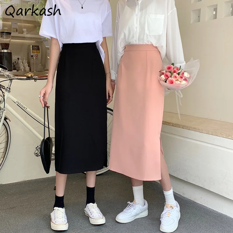 

Solid Skirts Women Summer Slim Fit All-match Simple Students Mid-calf Side-slit Clothing Empire Design Streetwear Holiday Chic