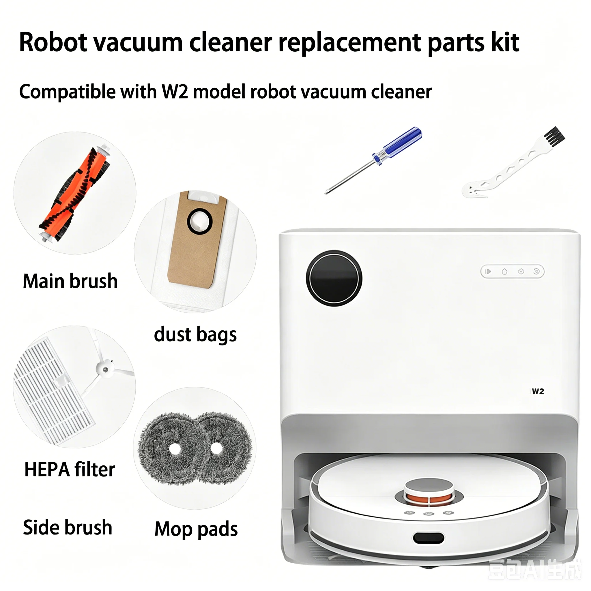 Replacement Parts Kit For Lydsto W2 Robot Vacuum Accessories,Main Brush,HEPA Filters,Mop Pads,Dust Bags,Side Brushes Spare Parts view 2