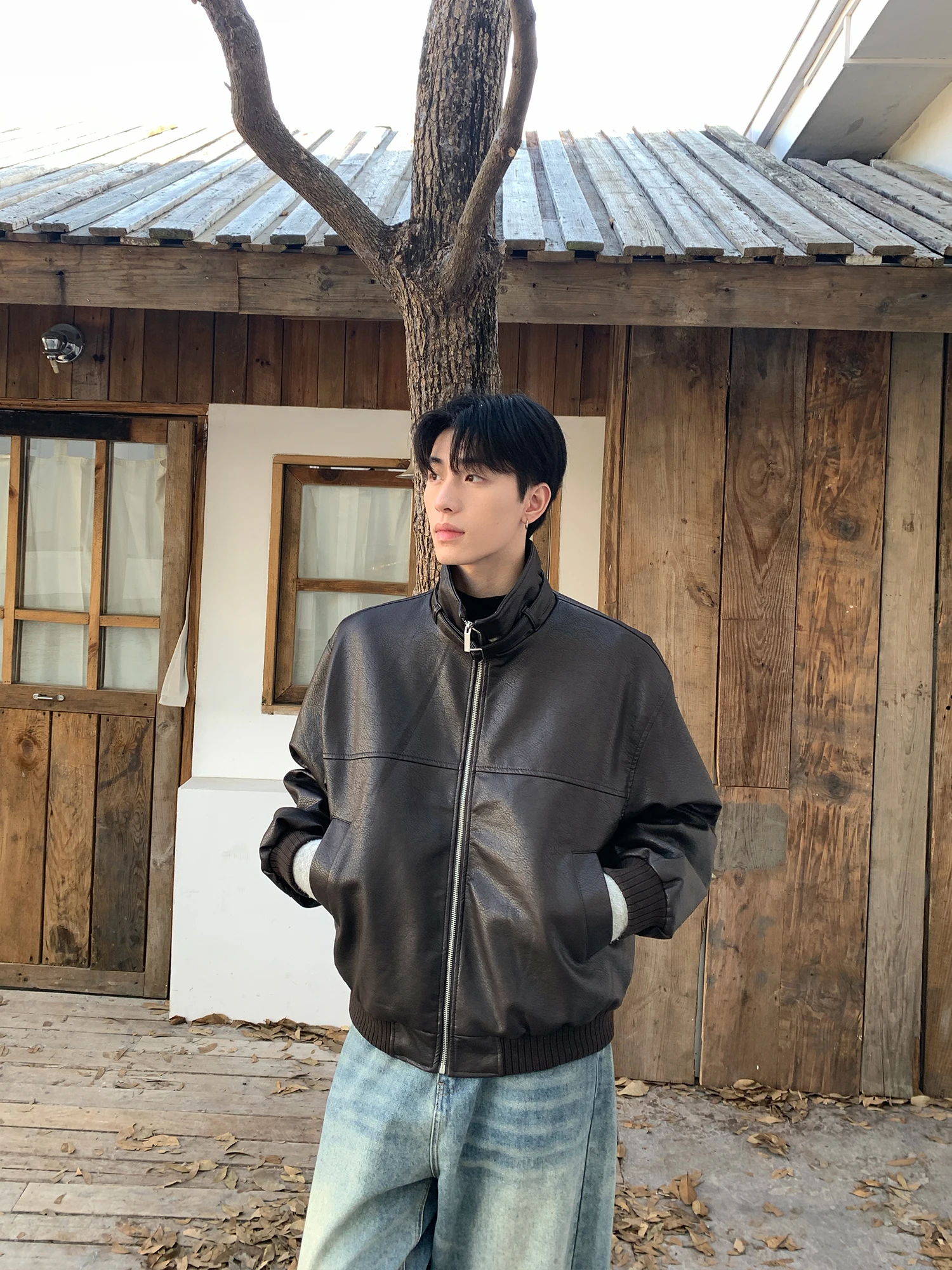 

Onelycns American Sle Biker ort Jaet Men's Autumn Winter Faionable Cool Stand Collar Leather Coat Anti-wind Long Sve