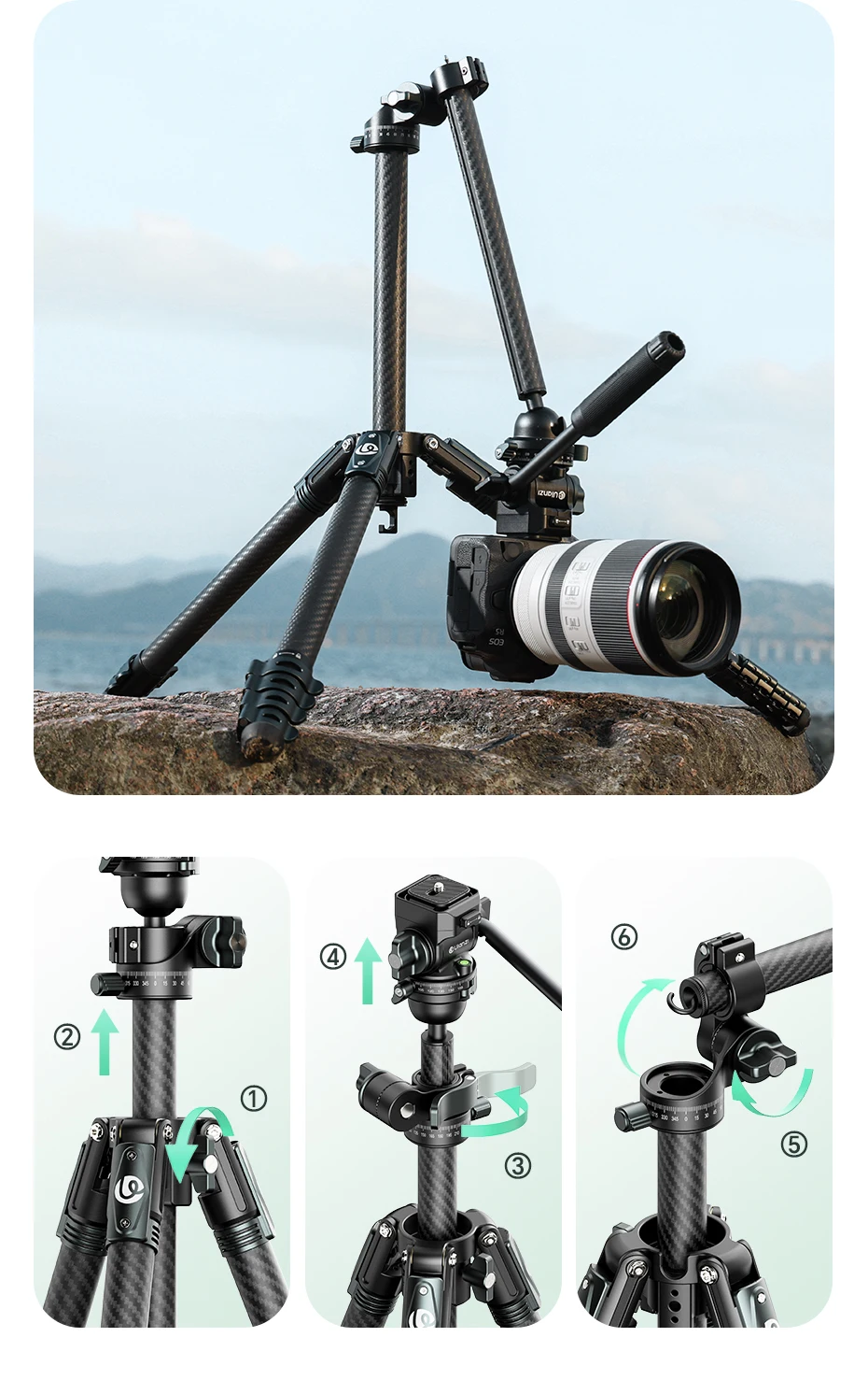 Ulanzi JJ06 GlideGo Video-Reisestativ für Canon Nikon Sony DSLR-Kamera, 5 kg Last, vertikal, horizontal, mit Uka-Schnellverschluss – Detail 5