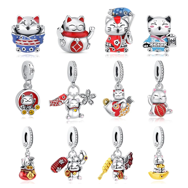 

Original 925 Sterling Silver Charms Maneki Neko Lucky Fortune Cat Beads Pave CZ Fit Brand Bracelets Necklaces Women Jewelry