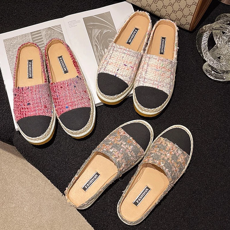 Luxury Pink Tweed Mule Loafers Woman Elegant Round Toe Espadrille Sneakers Ladies Brand Design Thick Sole Slip-on Fishman Shoes