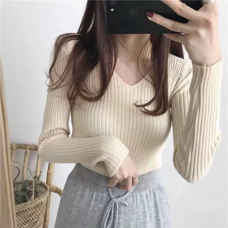 woman V-neck Knitted Sweater Autumn New Base Shirt Women's Slim Fit Solid Color Sweater Long Sleeve Inner Top Short Pullovers