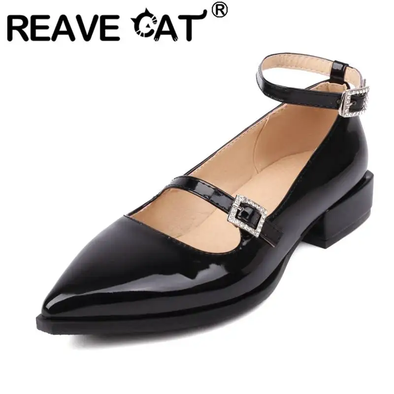 

REAVE CAT Brand Women Flats Pointed Toe Buckle Strap Shallow Large Size 45 46 47 Rhinestone Daily Female Shoes Mature Soft S4902