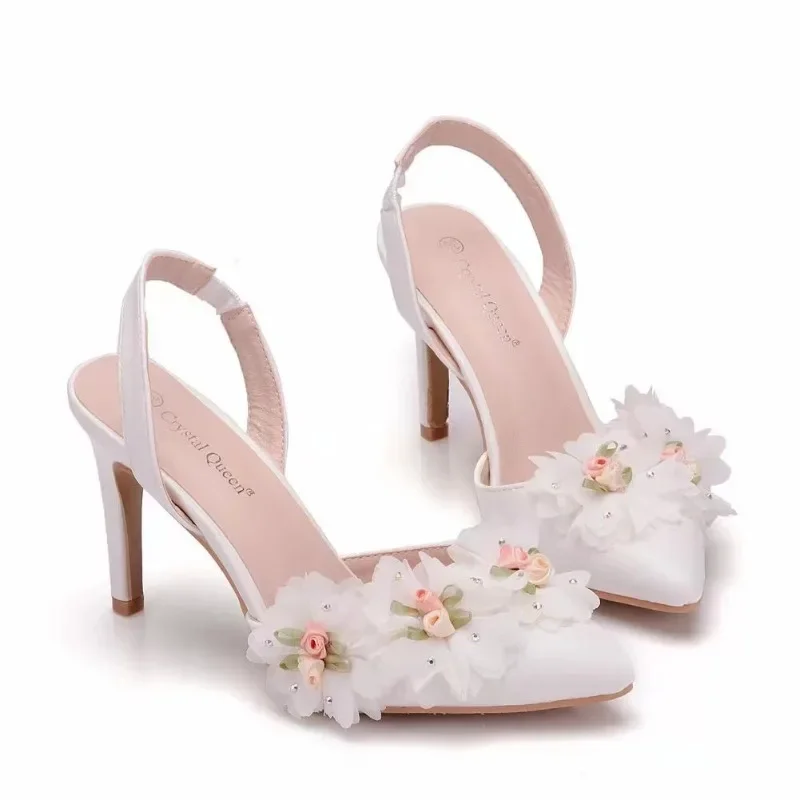 Pointed Casual Single Shoes Sweet White Flower Sexy Dress Wedding Shoes Women Sling Baotou High Heels Floral Sandals 2024