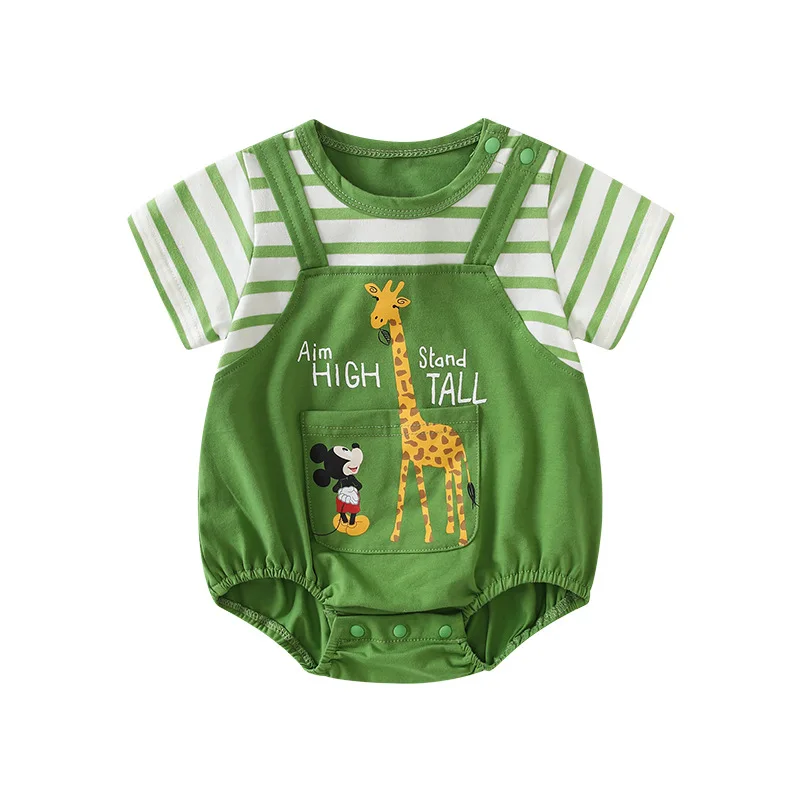 

MINISO Mickey Summer Baby Boy Short Sleeve Climbing Suit Korean Style Cotton Faux Two Piece Infant Romper 0-1 Years Bodysuits