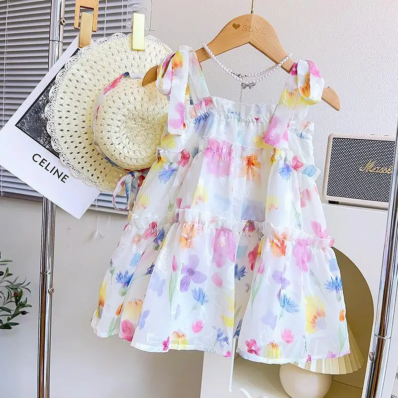 

Girls2024Summer Shoulder Strap Adjustable Printed Sling New Children Princess Dress with Hat One-Piece Delivery-WSNY