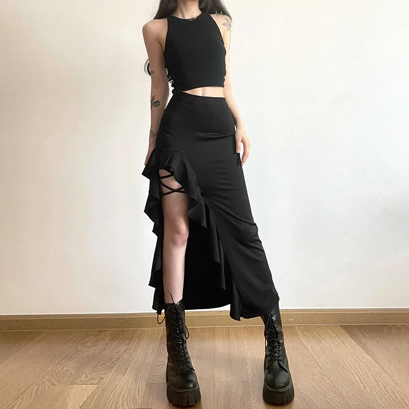 Gothic Black High Waist Bodycon Skirt Women Irregular Ruffle Side Bandage Designed Midi Skirt Sexy High Split Wrapping Skirt