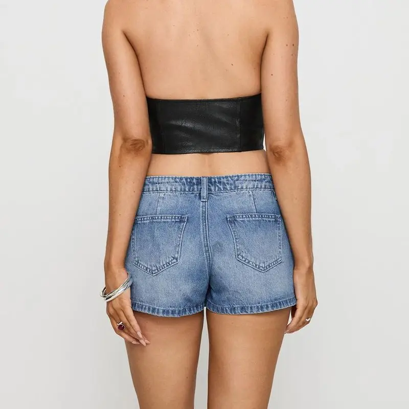 المرأة Y2k خمر الدنيم Skorts زر غير رسمي منتصف الخصر رصع ديكور ألف خط التنانير الصيف شورت جينز مع جيوب #6