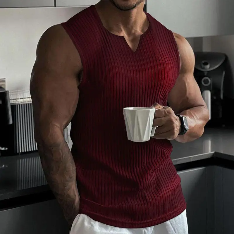 Men's 2026 Summer Knitted Vertical Stripe Tank Top Slim Fit Gym Workout Racerback Vest V Neck Wide Strap Casual Sleeveless Shirt