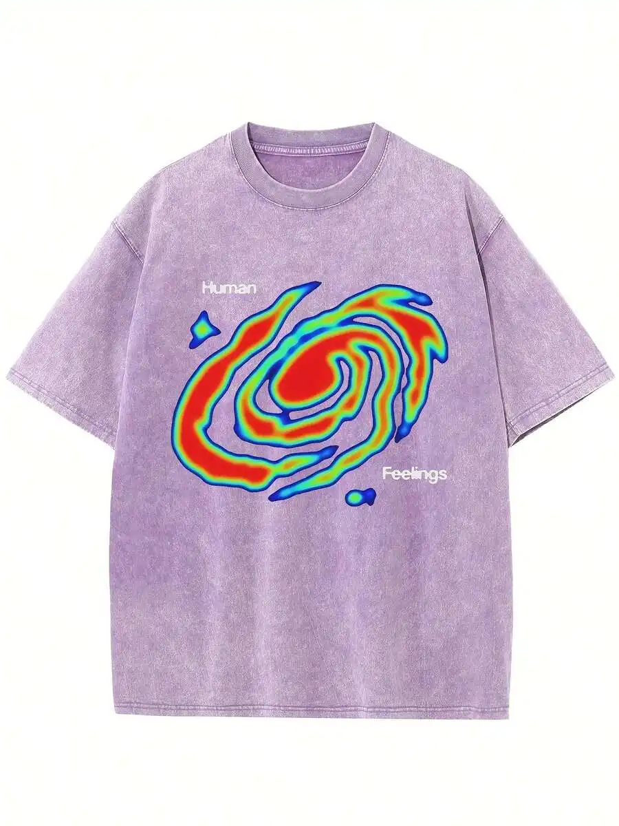 Retro Faded Purple Oversize Cotton Graphic Tee For Men Women, Abstract Bold Human Emotion Art Pattern, All-Match Everyday Street Tops, Novelty Creative Holiday Present