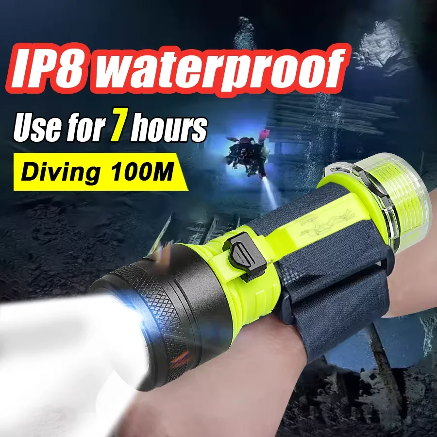 

Upgrade LED Scuba Diving Flashlight Built-in 18650 Battery Type C Rechargeable Diving Torch Super Bright Underwater 100m Lantren