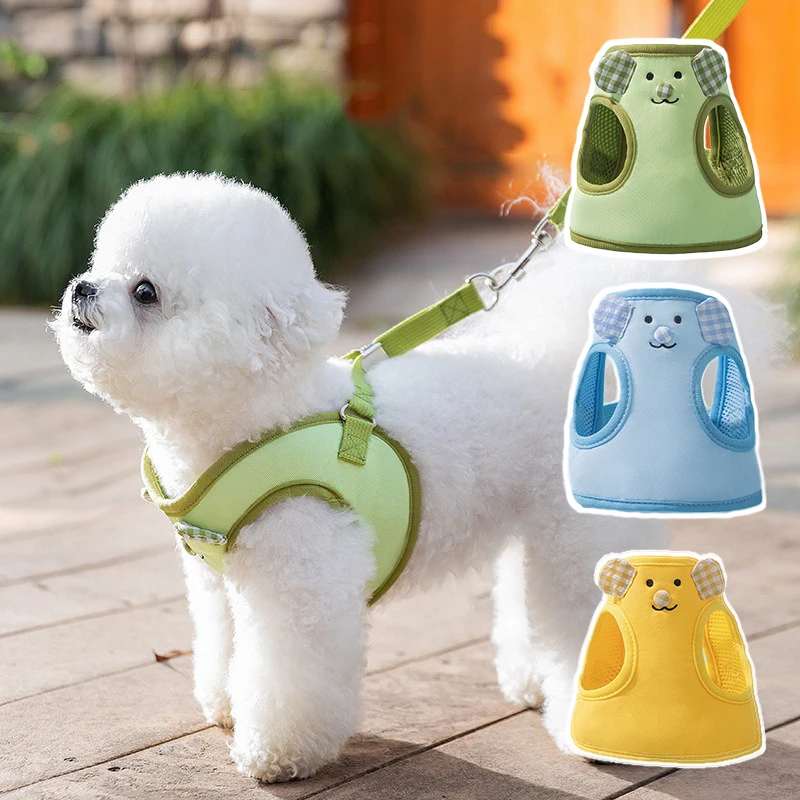 Candy Color Small Dog Harness Funny Animal Shaped Vest Pet Cat Accessories Summer Breathable Mesh York Dog Leash Set