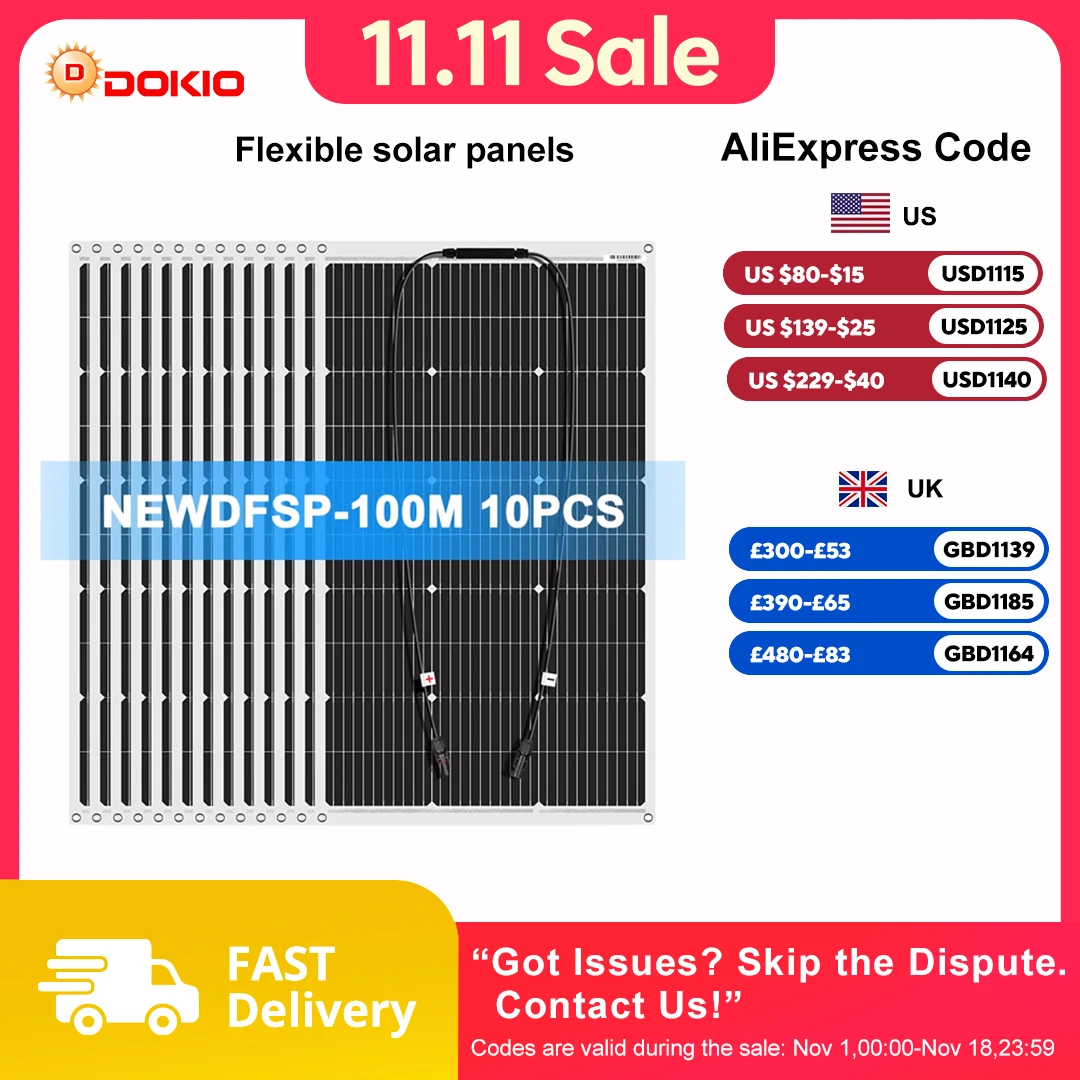 DOKIO 18V 600W-1000W Flexible Solar Panels Waterproof Monocrystalline Solar Panel Camping RV Home Charge 12V