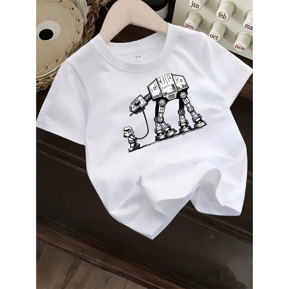 Children's Round Neck T-shirt Loose and Comfortableversatile for Sports and Leisure Fashionable and Simple  Robot Printed Top