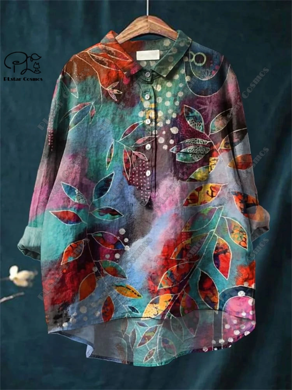 PLstar Cosmos new 3D printed women's loose retro floral fun casual printed open tube shirt  K-5