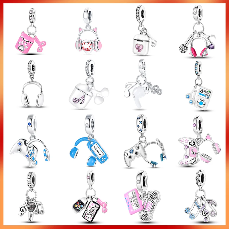 New 925 Silver Headset Guitar Microphone Music Pendant DIY Beads Fit Original Pan Bracelet Necklace Women Jewelry Making