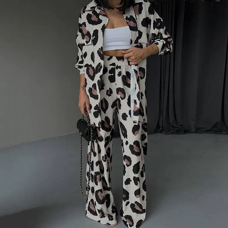 ARTIE | Leopard Printed Elegant Women\'s Sets Casual Long Streetwear Sleeve Tops Wide Leg Pants Two Piece Sets Womens Outifits