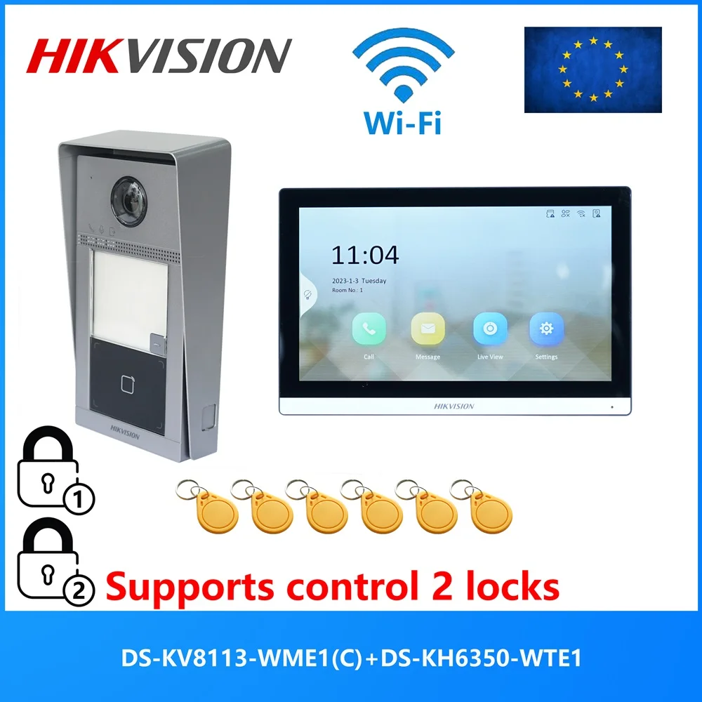 HIKVISION Video intercom KIT,control 2 locks,include DS-KV8113-WME1(C) & DS-KH6350-WTE1, support RFID card,Cloud App,Support PoE