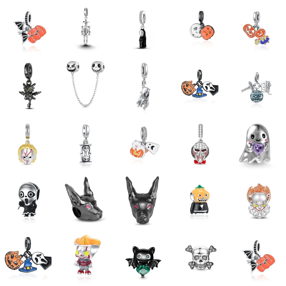 2023 New Halloween Silver 925 Plated Pumpkin Bat Charm Dangle Fit Pandora Original Bracelet For Women DIY Jewelry Making Gifts