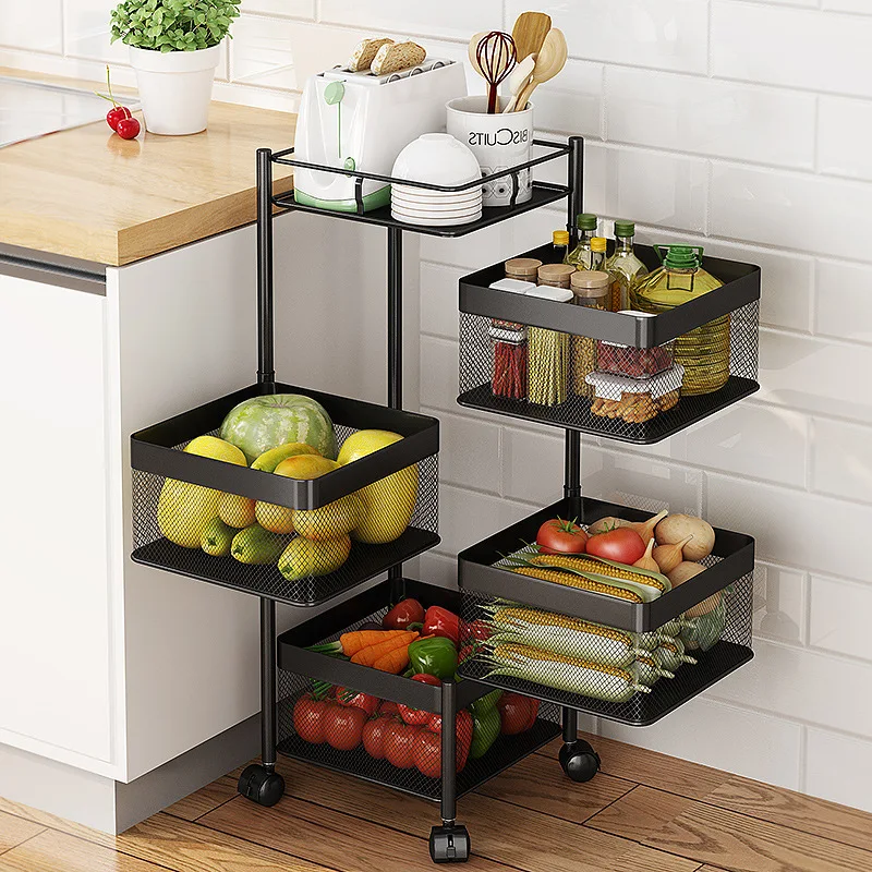 

Carbon Steel Square Rotating Fruit and Vegetable Basket Shelf Kitchen Floor Vegetable Storage Basket