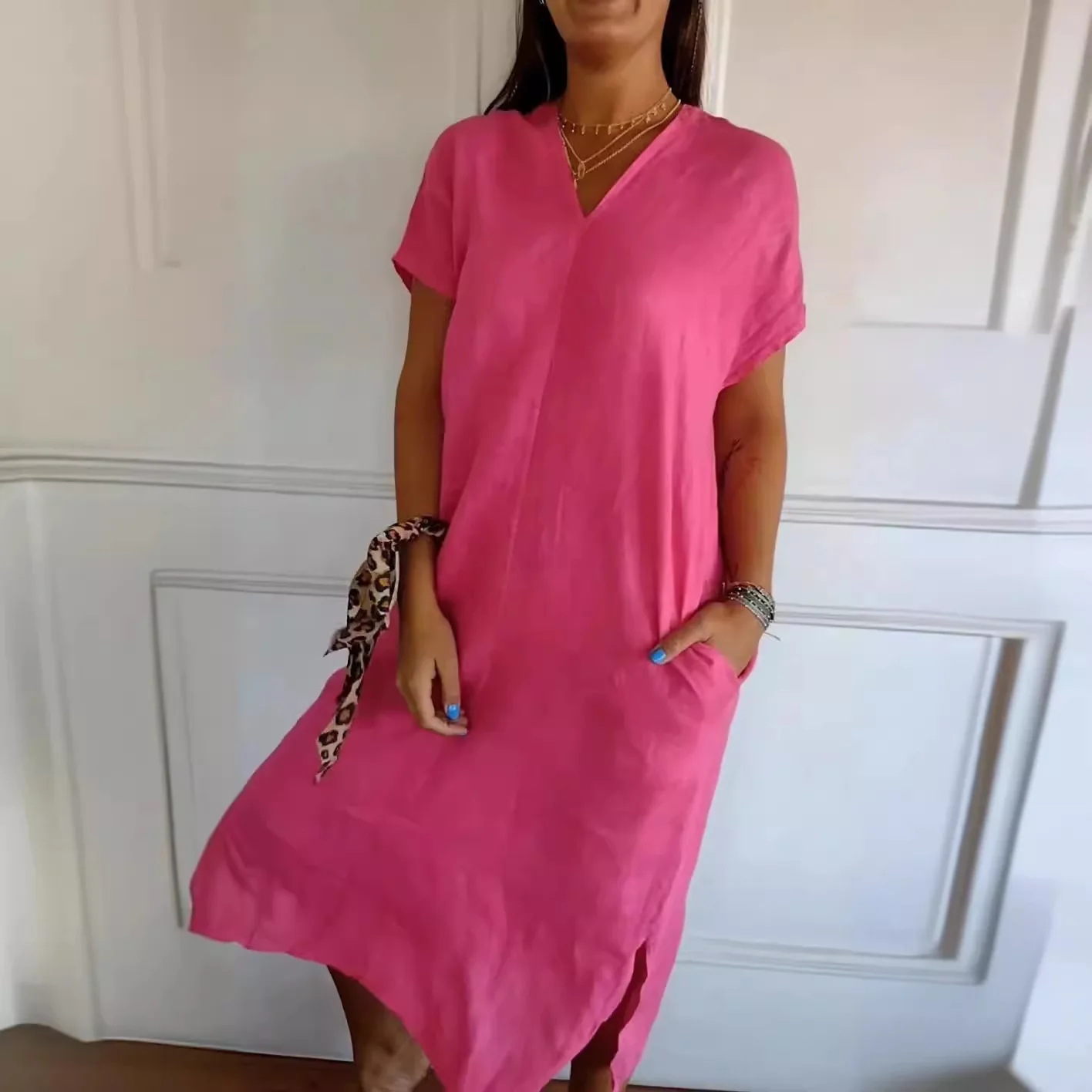 

2024 Spring and Summer New Cotton and Linen V-neck Short-sleeved Loose Dress for Women Vestidos De Mujer